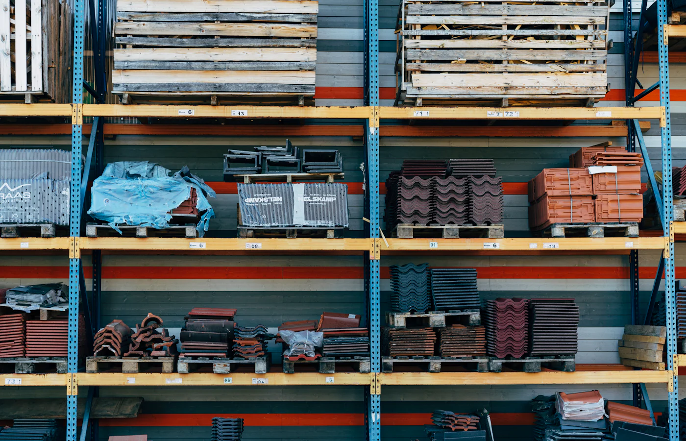 Shelves displaying many kinds of brick samples