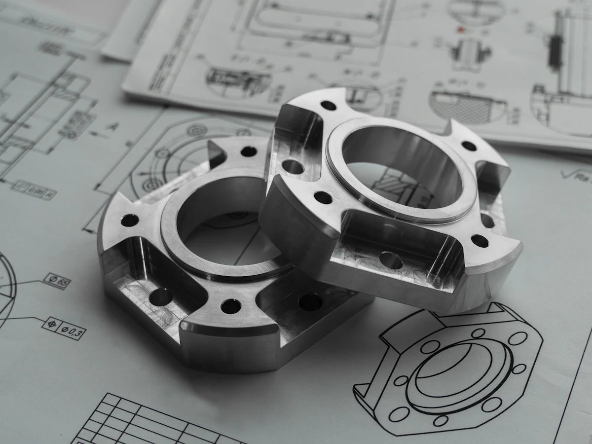 Two machined metal parts on engineering drawings