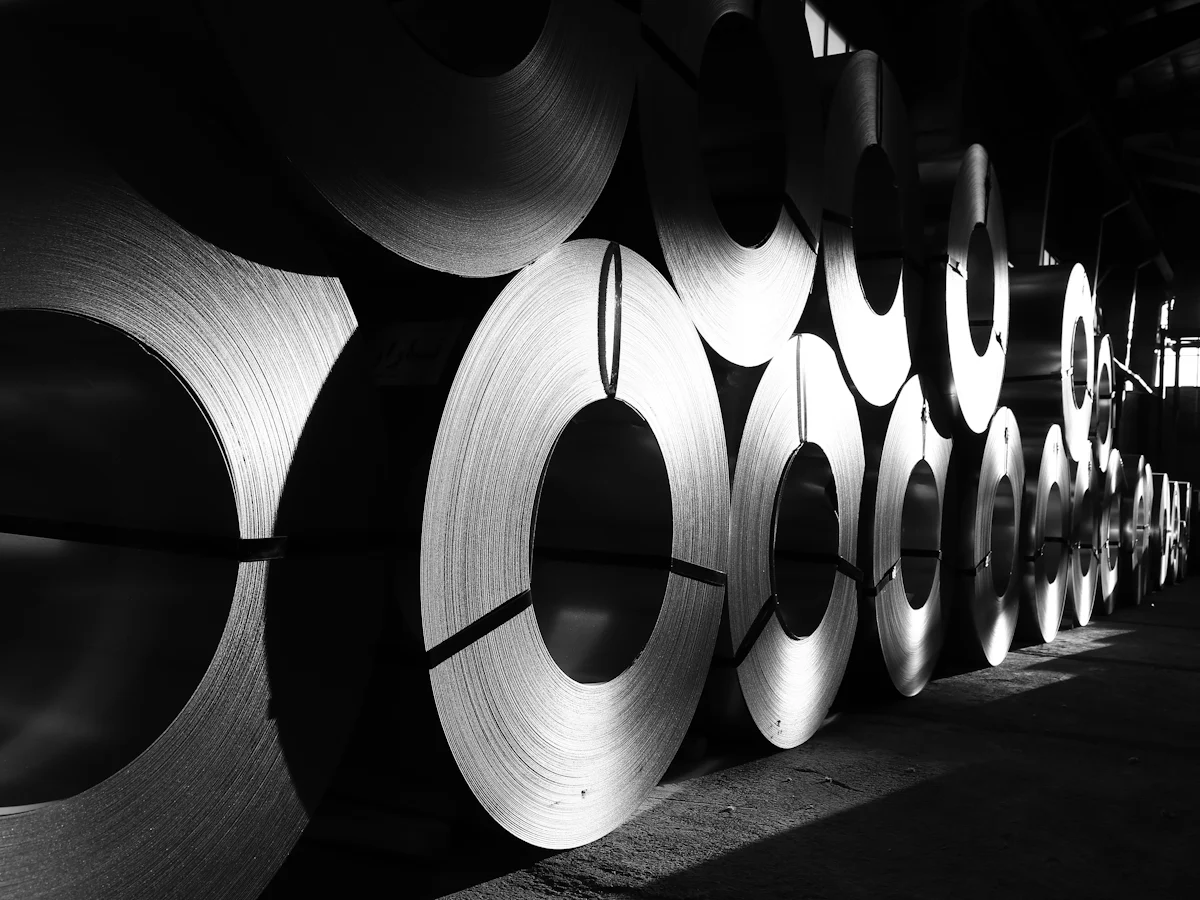 Rows of steel coils in a warehouse